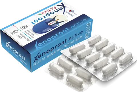 Caja de Xenoprost Active de Symbiotica con dos blísteres de cápsulas blancas